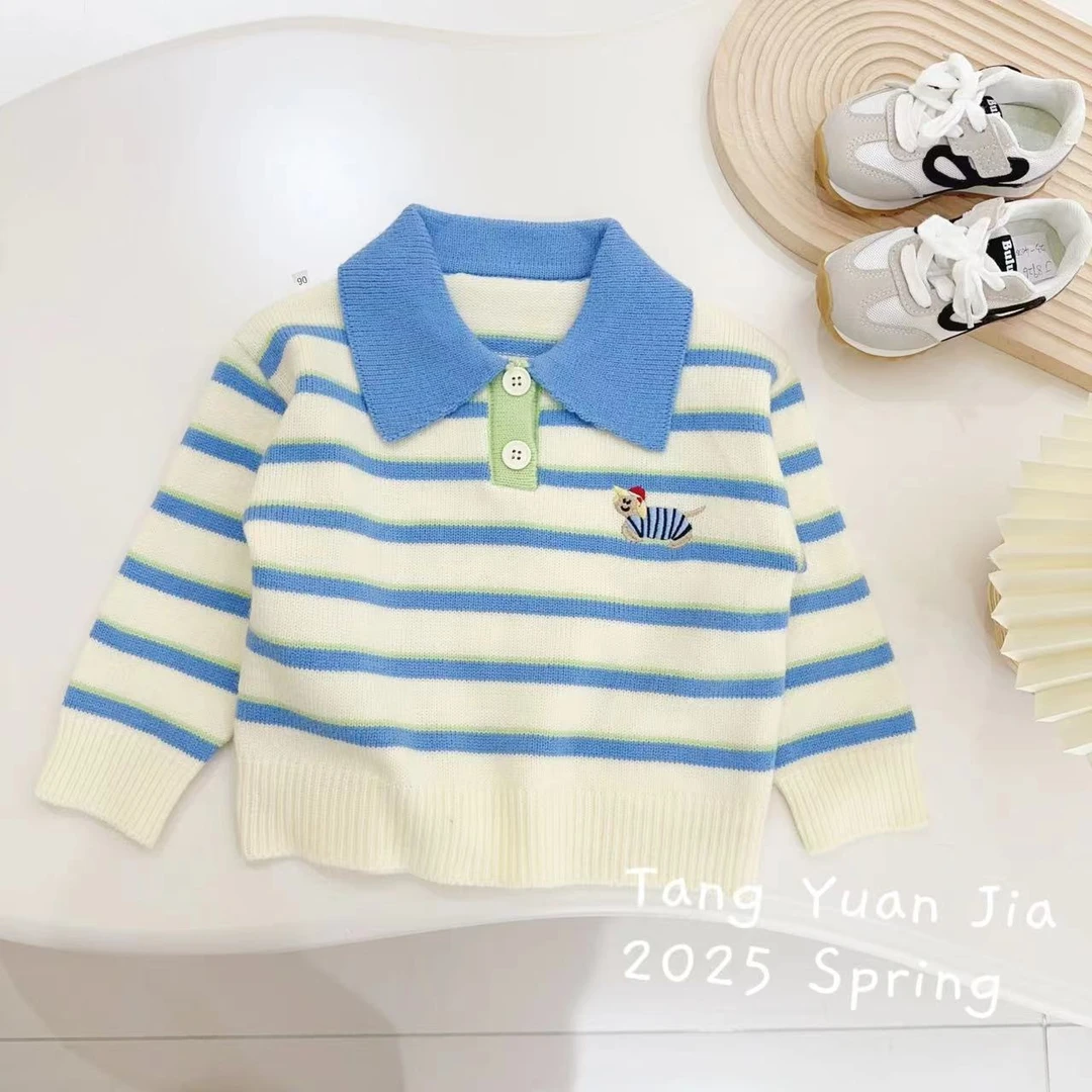 汤圆家童装2025春季新款韩系腊肠狗刺绣条纹POLO领毛衣 YA-1159