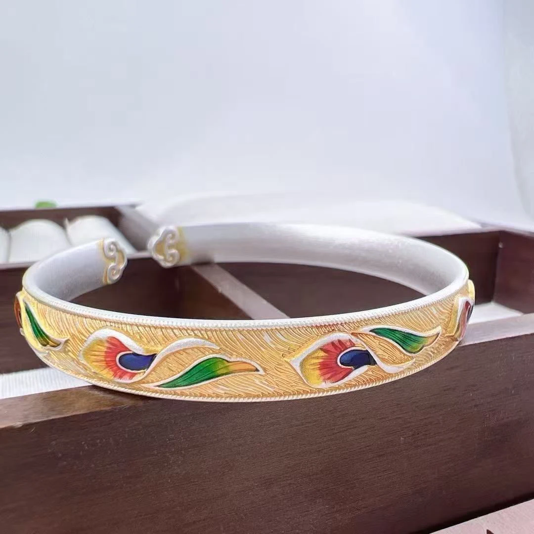 足银坊珐琅彩开口镯新中式国风手镯SK22