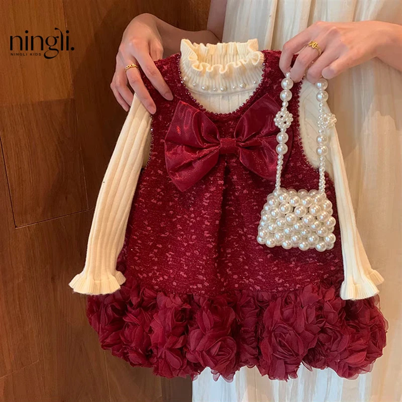 新款冬装女童背心裙加绒连衣裙红色公主风拜年服周岁宝宝裙