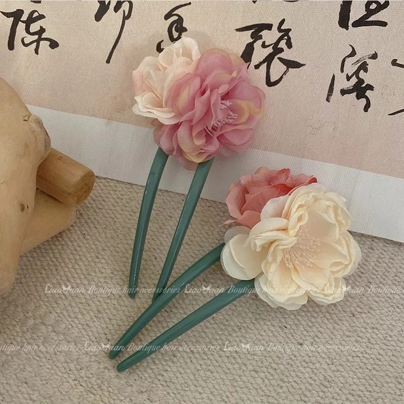 鬓边海棠~超仙盘发u型发簪新中式花朵发钗簪子古风旗袍簪花头饰