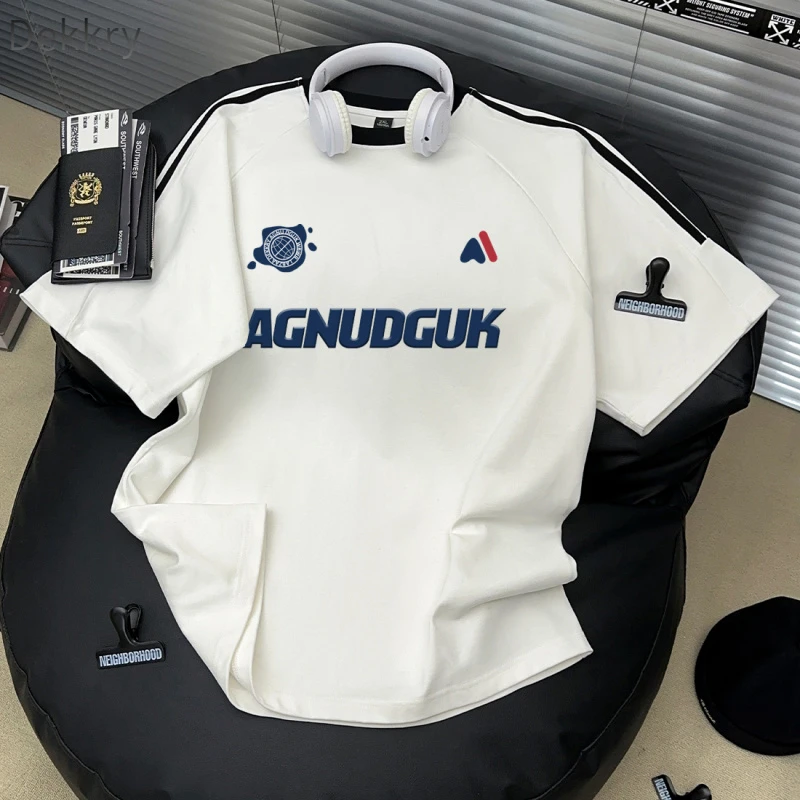 Dekkry纯棉文艺复古三条杠短袖t恤男女夏季宽松休闲潮牌上衣ins