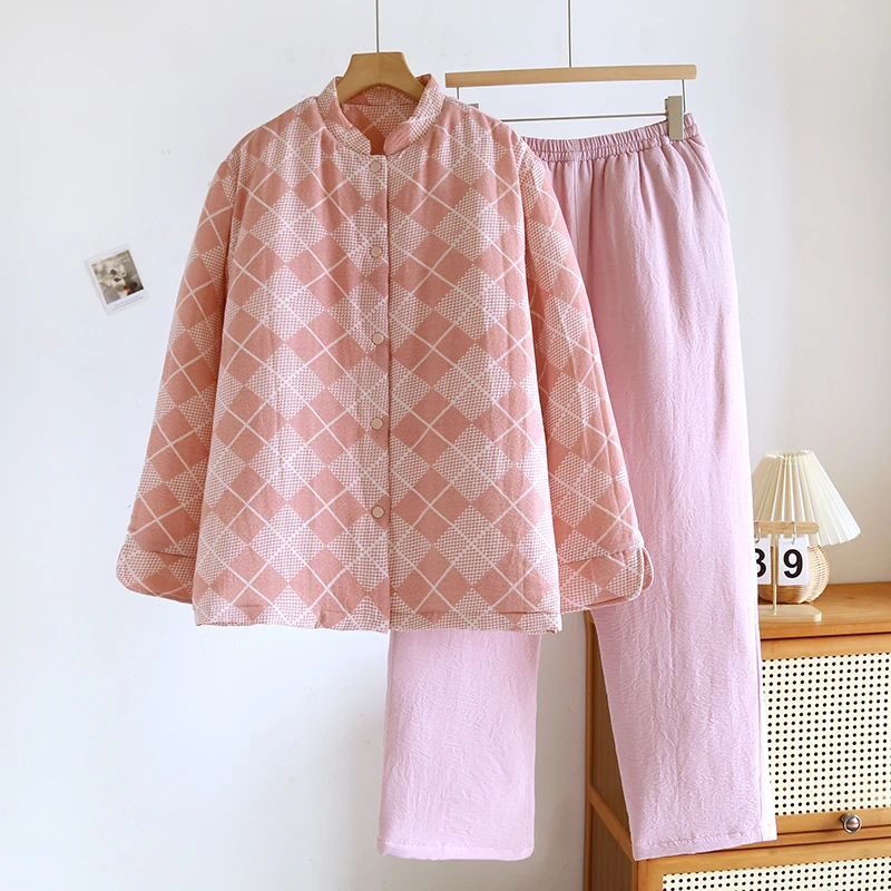 年终清货新中式立领款三层夹棉加厚棉服保暖家居服女冬睡衣女套装