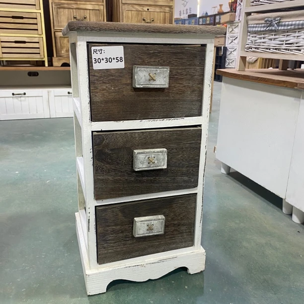 胡桃色843实木白色胡桃色拼色三抽床头柜收纳柜