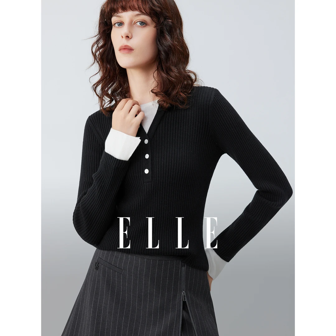 ELLE女装假两件绵羊毛针织衫2025秋季新款薄款打底毛衣EM52578