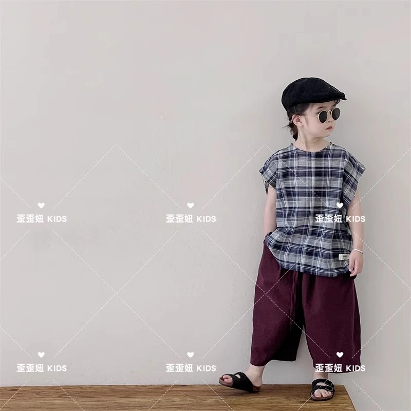 【歪歪妞童装】251023夏季新款儿童格子棉麻宽松慵懒风T恤男女童