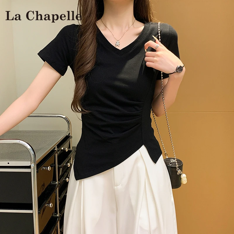 拉夏贝尔辣妹不规则v领t恤女夏季2025新款法式气质显瘦百搭上衣女