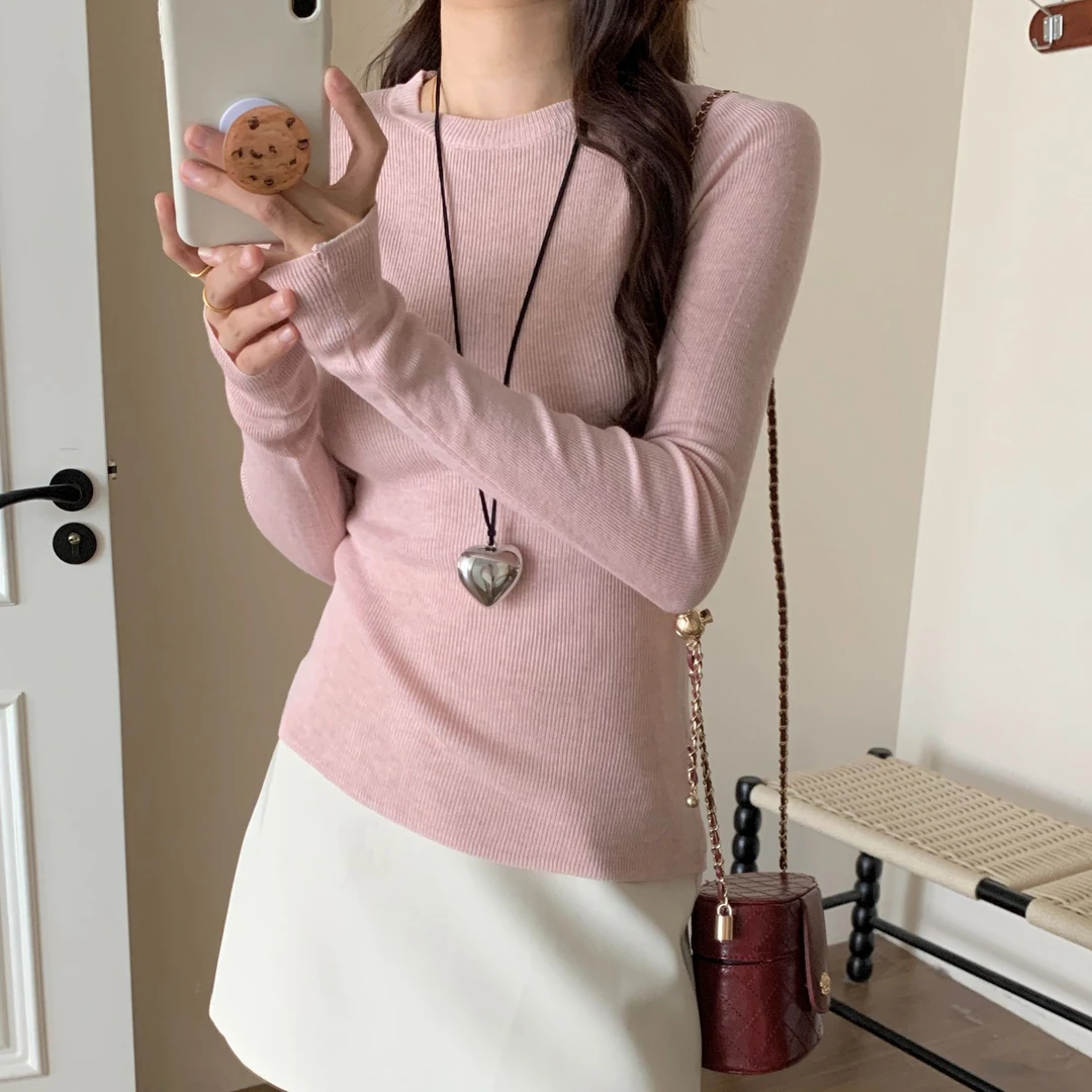 2025春季新款纯色修身显瘦套头打底百搭针织衫女软糯长袖上衣女