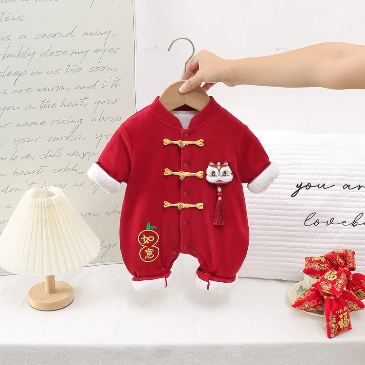 婴儿衣服秋冬装婴幼儿宝宝加绒夹棉连体衣百天周岁礼服冬季外出服