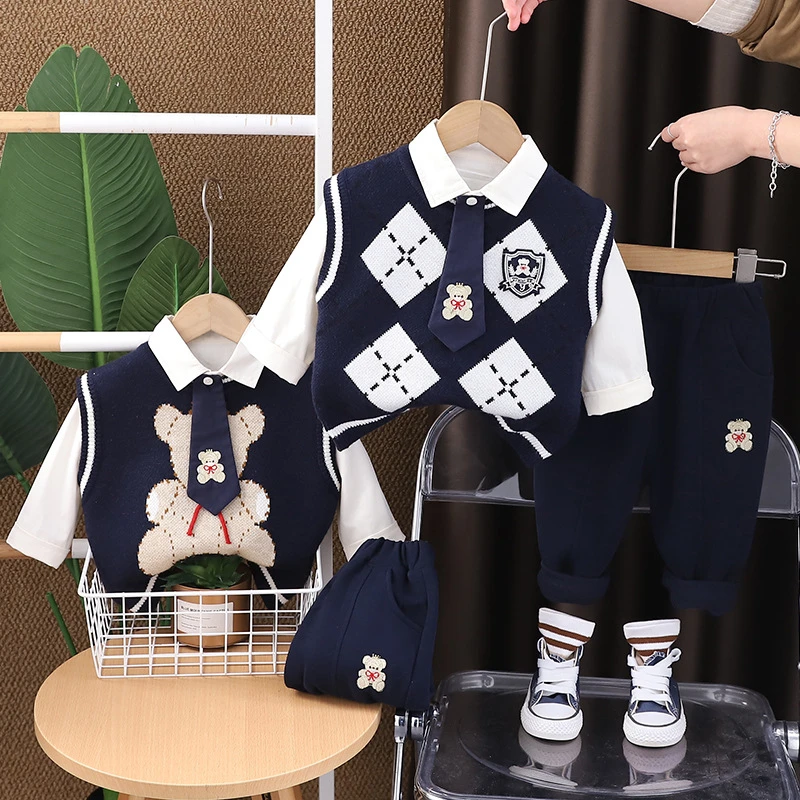 儿童针织马甲春季套装2025小童提花毛衣休闲衬衫宝宝三件套春装潮
