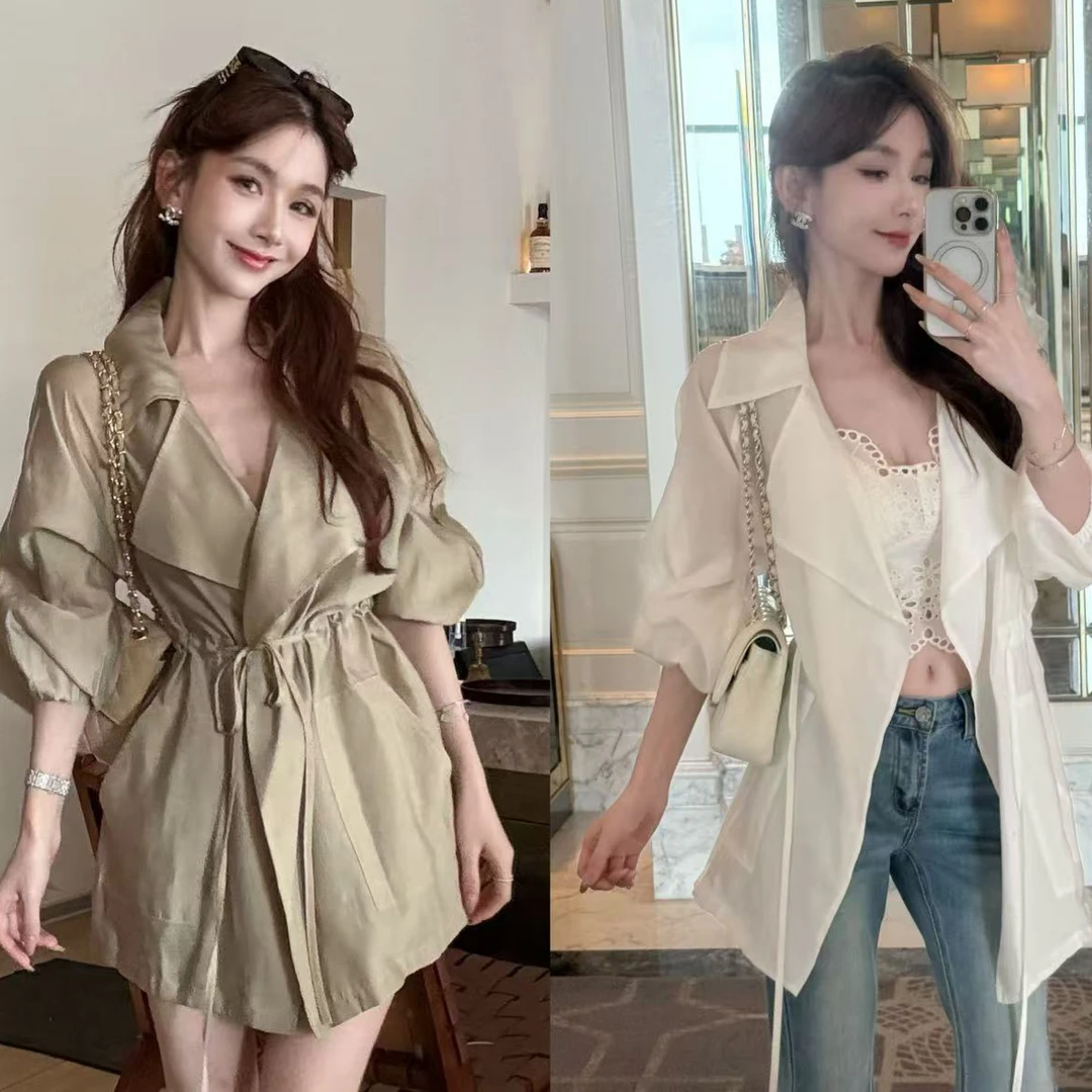 【素褐韵衫】韩版时尚气质翻领收腰系绳不规则防晒风衣外套女薄款