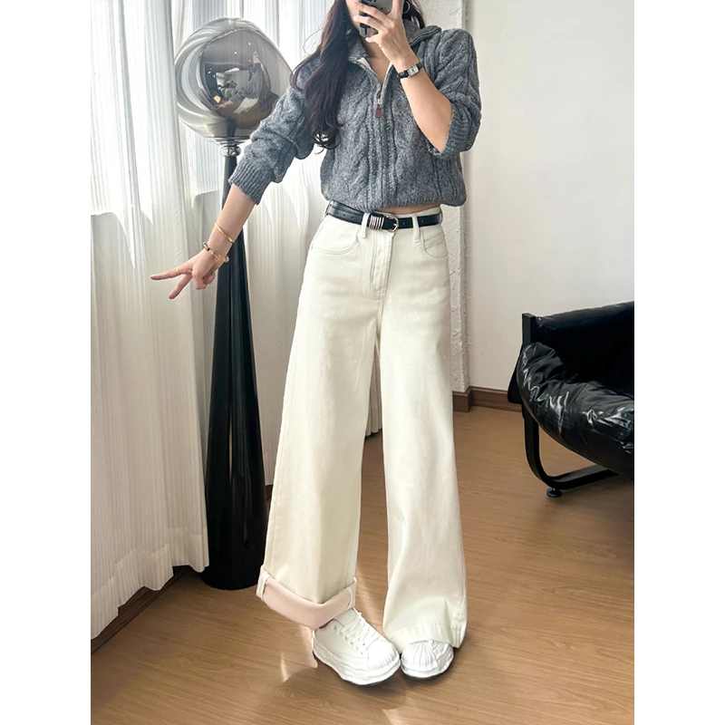 miu家2025年新款一体植绒阔腿牛仔裤女加厚保暖高端显瘦直筒裤