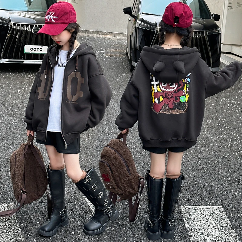 女童外套新款春秋装2025秋季6-13岁女孩中大童洋气潮酷连帽上衣潮