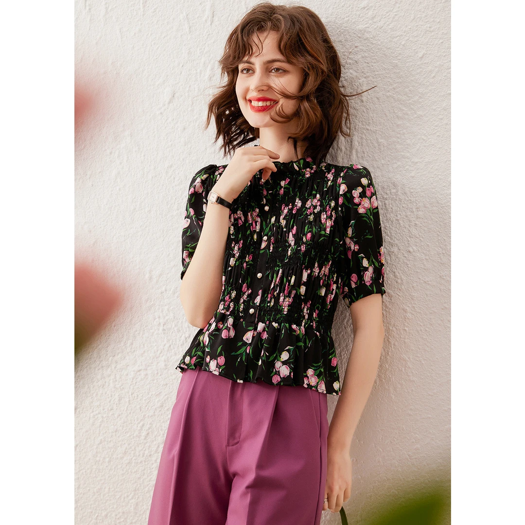 【商场同款新品】白鹿语夏气质碎花衬衣泡泡袖修身衬衫ZYU20099