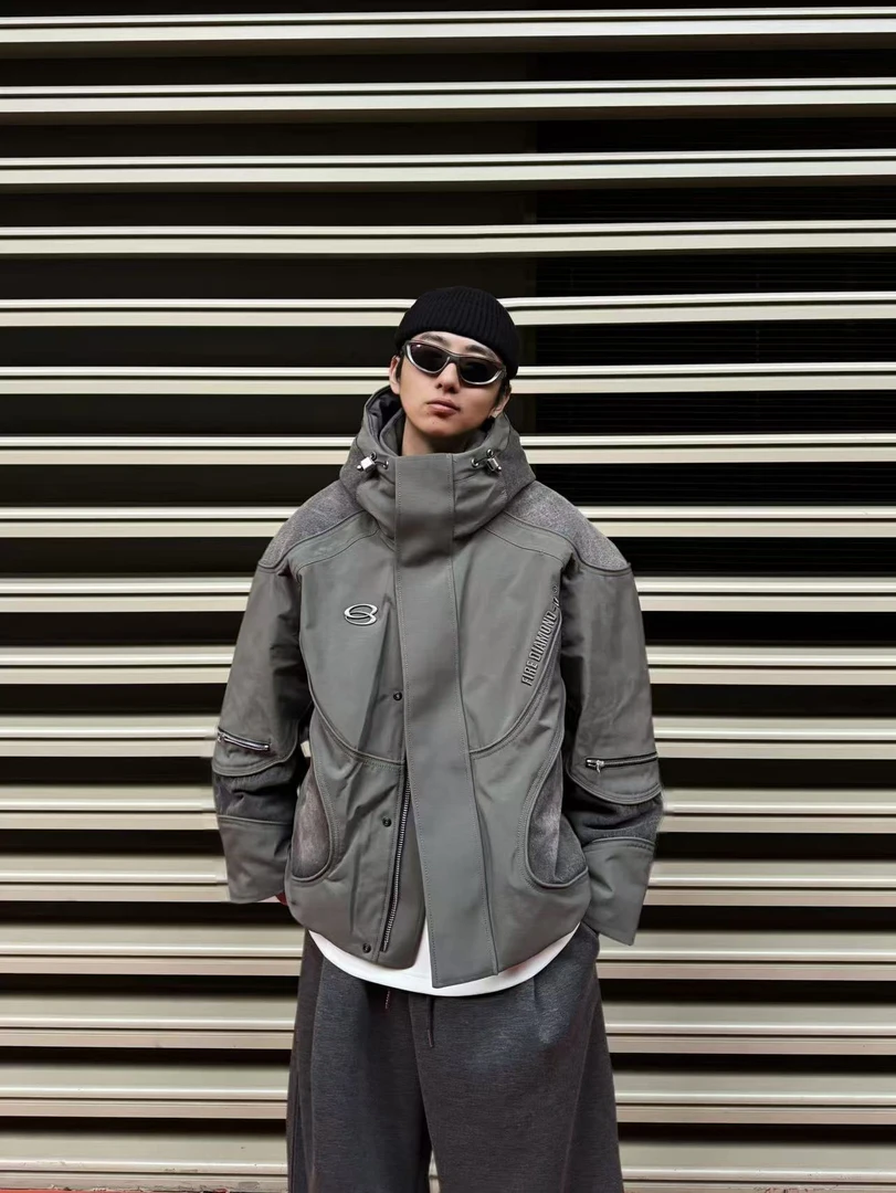 胡先生25ss冬季美式牛仔拼接工装羽绒服男款潮牌高级感外套H-909