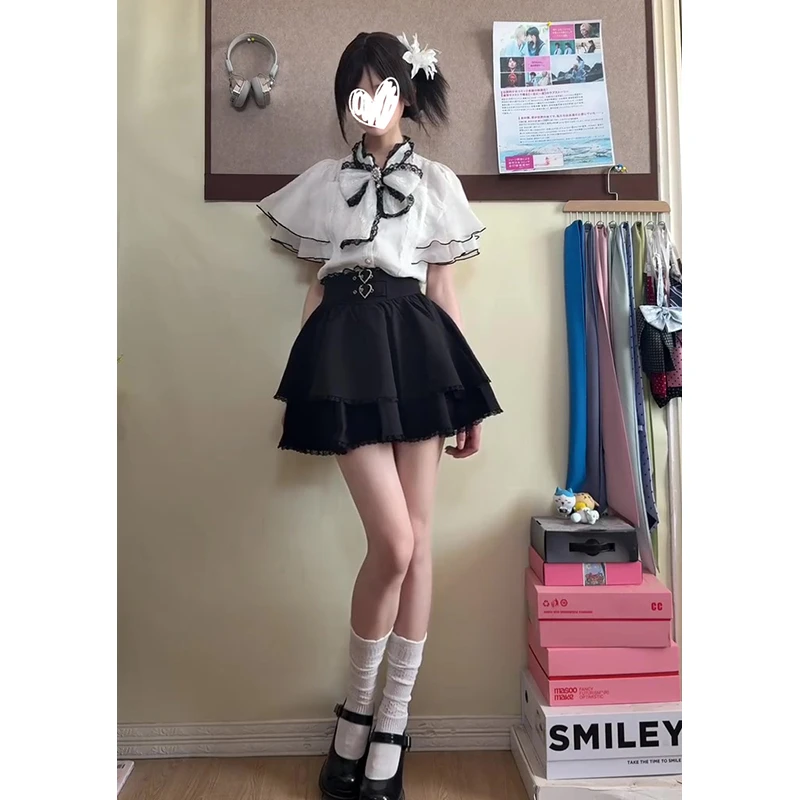 日系学院风套装蝴蝶结喇叭袖衬衫上衣重工蛋糕裤裙lolita裙两件套