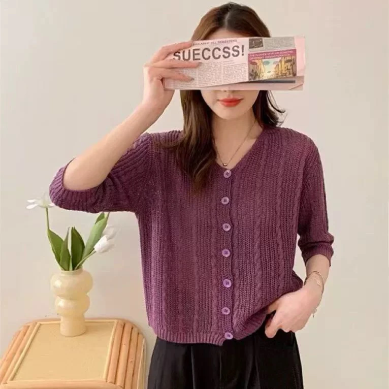 气质新品春季中袖针织衫女宽松洋气镂空毛衣开衫 时尚衫女