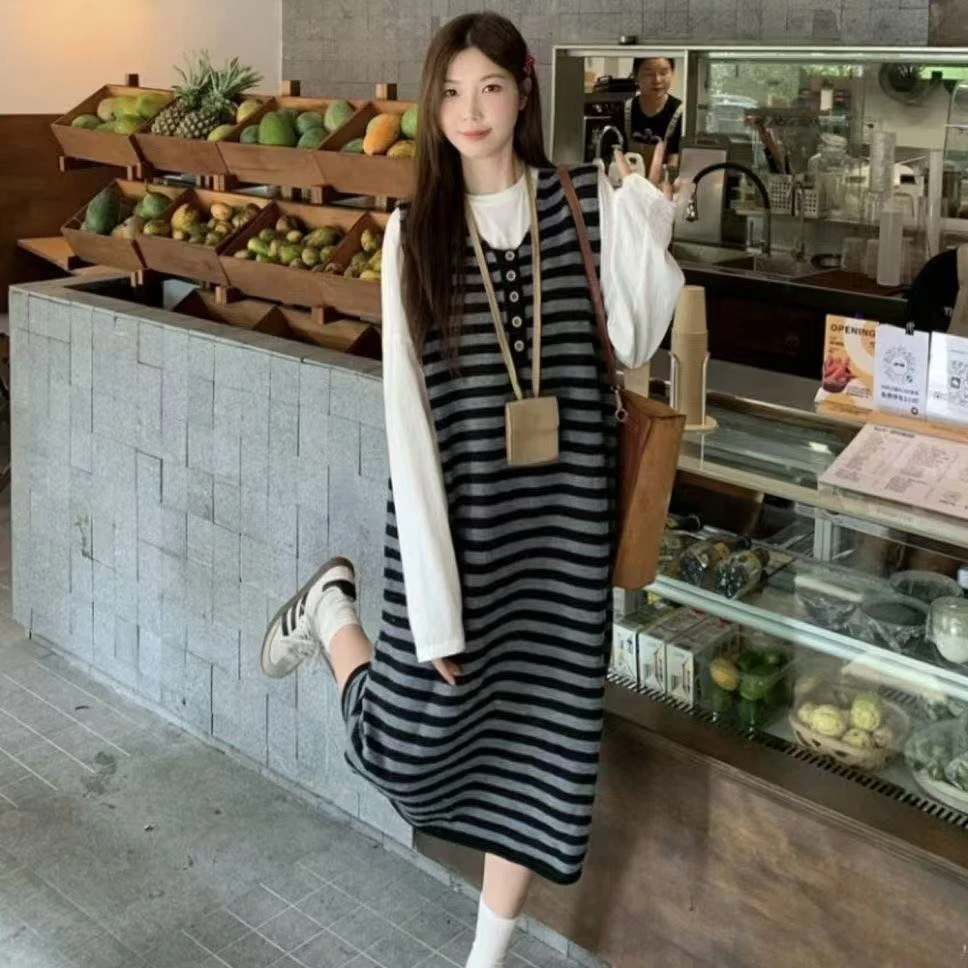 复古慵懒风条纹针织连衣裙女外套秋冬大码宽松打底背心马甲毛衣裙