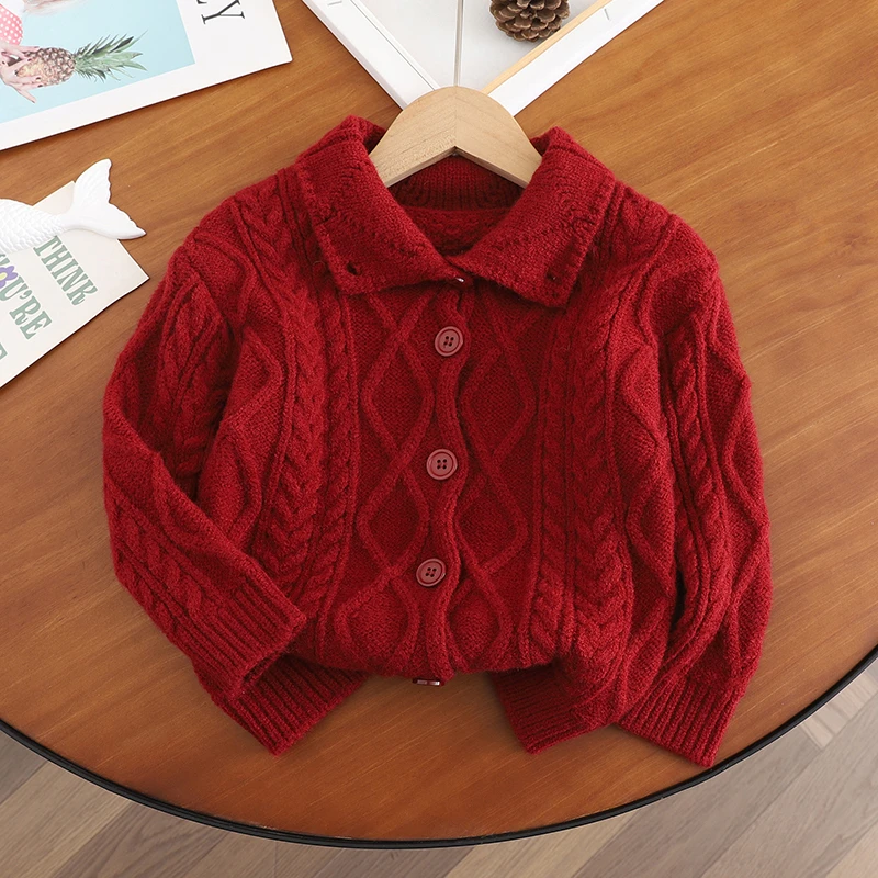 女童毛衣开衫立领翻领中国风童装宝宝红色洋气儿童春秋冬装新年服
