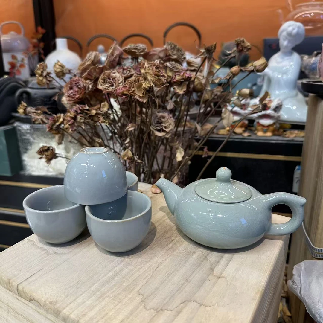 友名 哥窑扁西施壶+4杯-5353