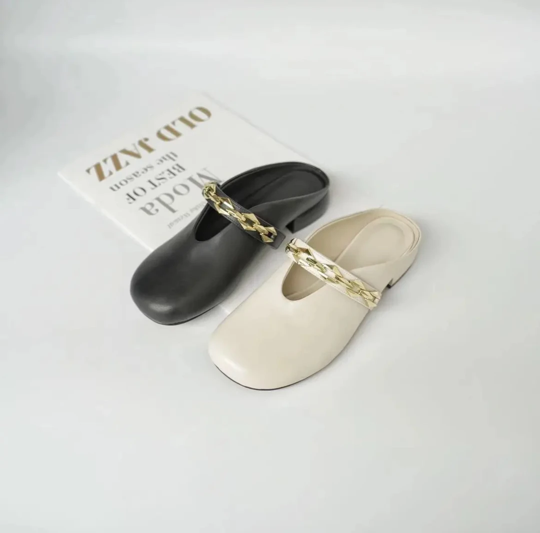 跟高3厘米牛皮法式粗跟包头外穿拖鞋女新款浅口配裙子凉拖鞋女鞋