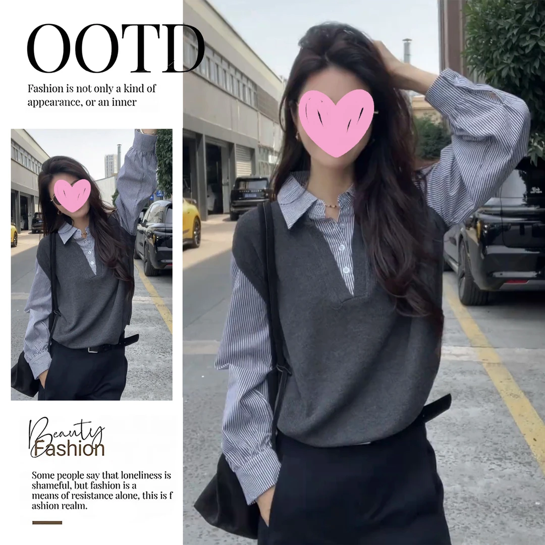 韩系穿搭polo领假两件针织衫女早秋季高级感气质条纹拼接长袖上衣