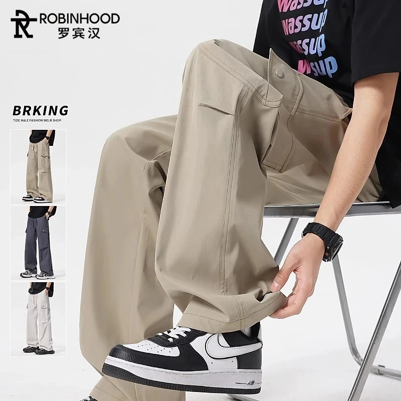 罗宾汉运动潮流休闲长裤男生夏季垂感阔腿工装裤子男薄款宽松直筒