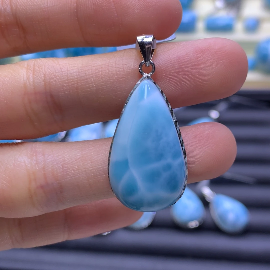 针钠钙石（海纹石）银S925镶嵌吊坠(不含链)水滴吊坠色差略异