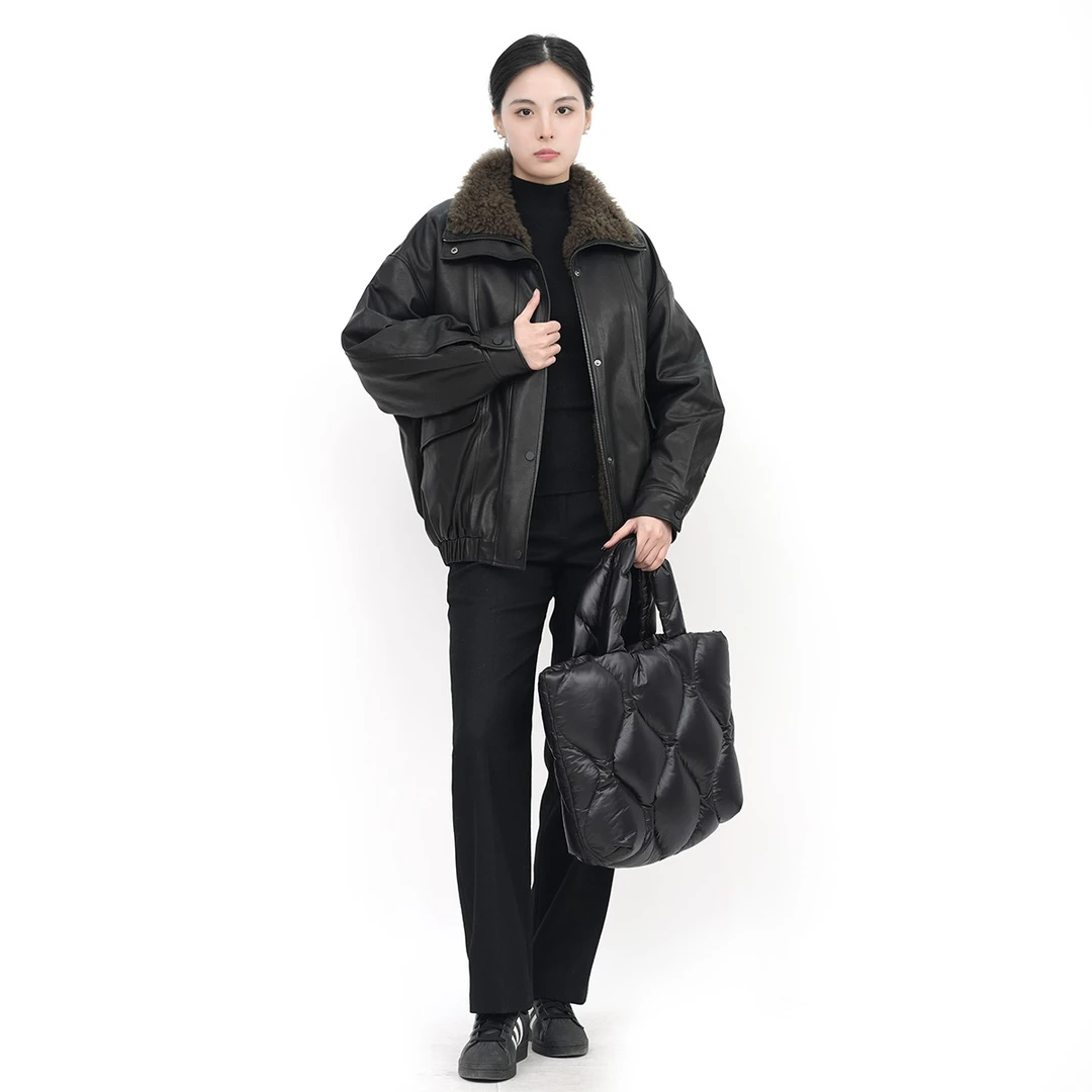 无忧之韵 纯色无涂羊皮外套短款皮棉服山羊毛领保暖黑色真皮 5042
