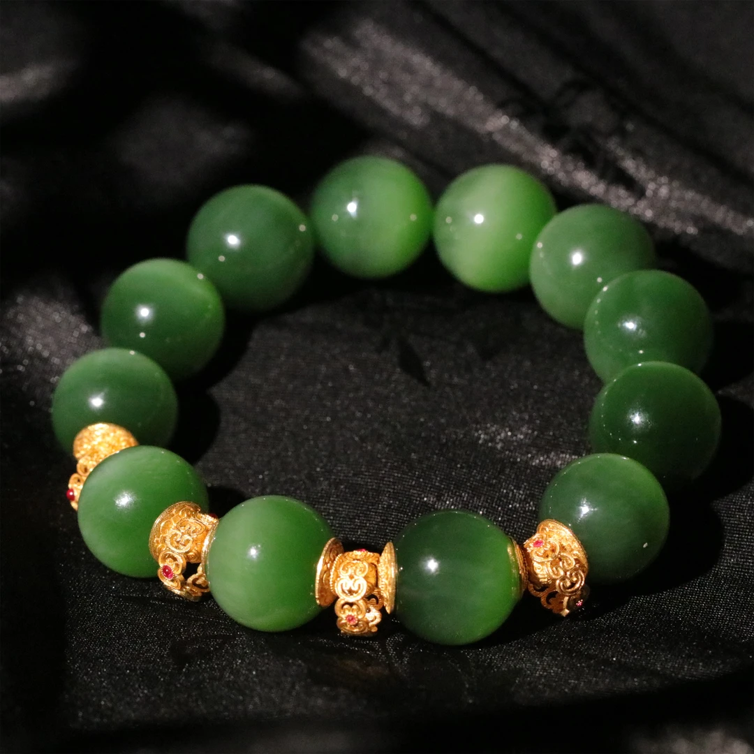 【泓贝珠宝-L889】18k金配饰和田玉碧玉典藏级猫眼圆珠手串NGTC证书