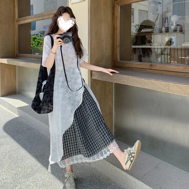 高级感大方得体设计感不规则蕾丝上衣黑白格半身裙两件套