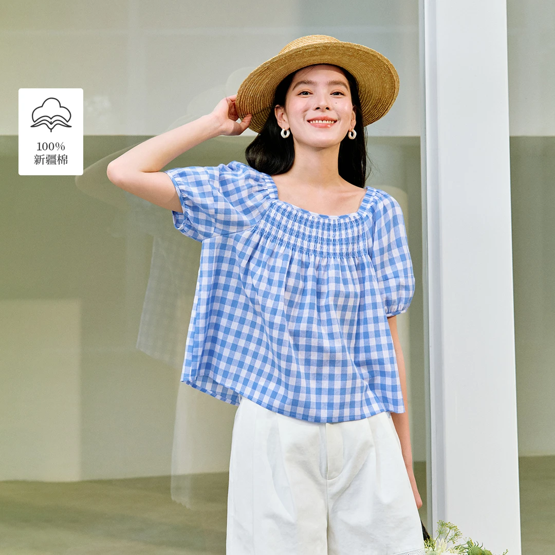 【一秒入夏】茵曼夏季100棉甜美格子衬衫收腰褶皱显瘦泡泡袖衬衣