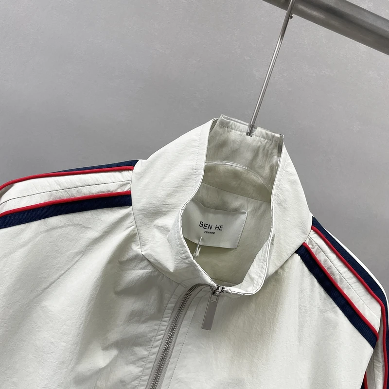 欧货春季新款立领拼色条纹拉链短款外套女宽松休闲夹克上衣Q82326