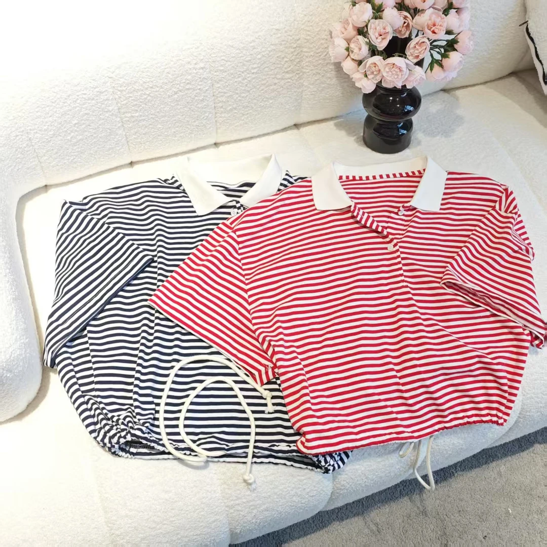 5354撞色polo条纹短袖抽绳设计短款宽松上衣