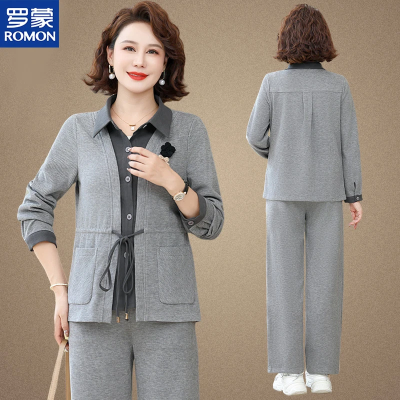 罗蒙时尚纽扣POLO领休闲风中老年女装春秋装开衫大码洋气两件套
