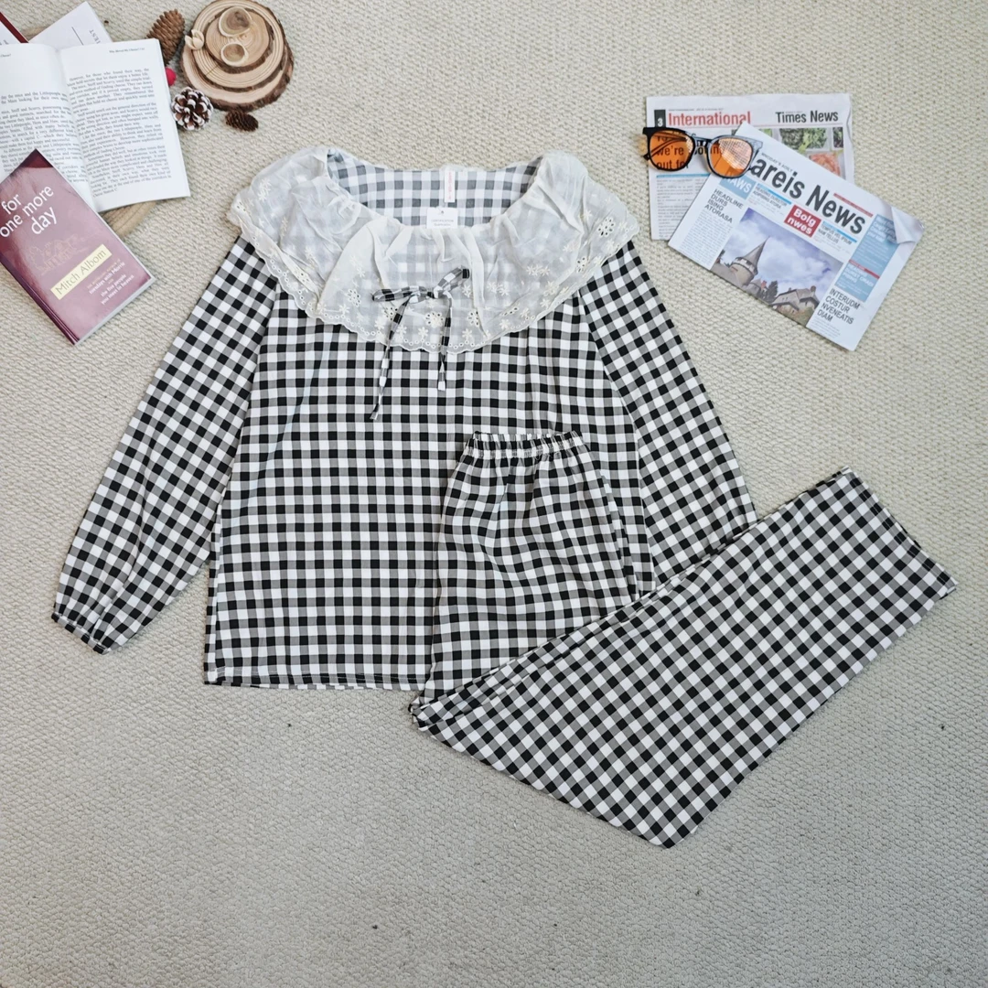 2025春季新款时尚百搭格子家居服套装9901