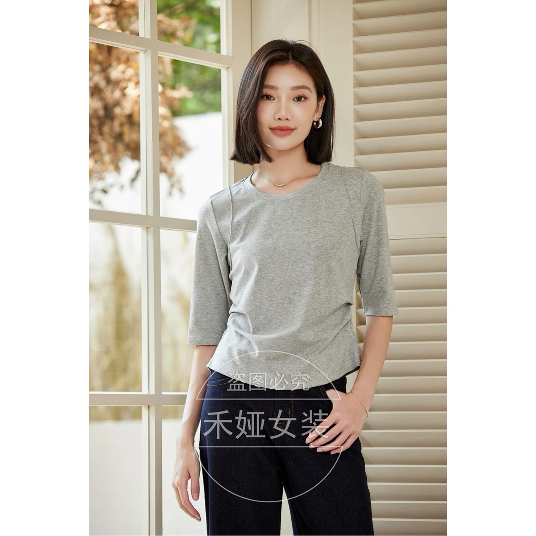希茜9602 秋季圆领T恤打底衫中袖勤风套头女上衣