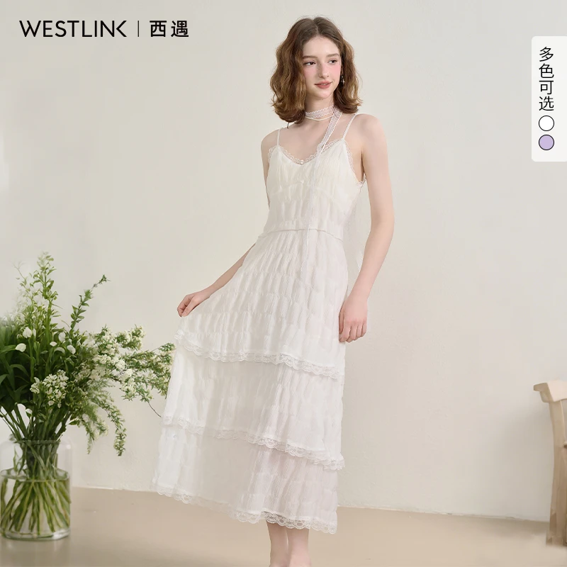0345西遇吊带蕾丝蛋糕裙女2025年新款海边度假风法式v领连衣裙
