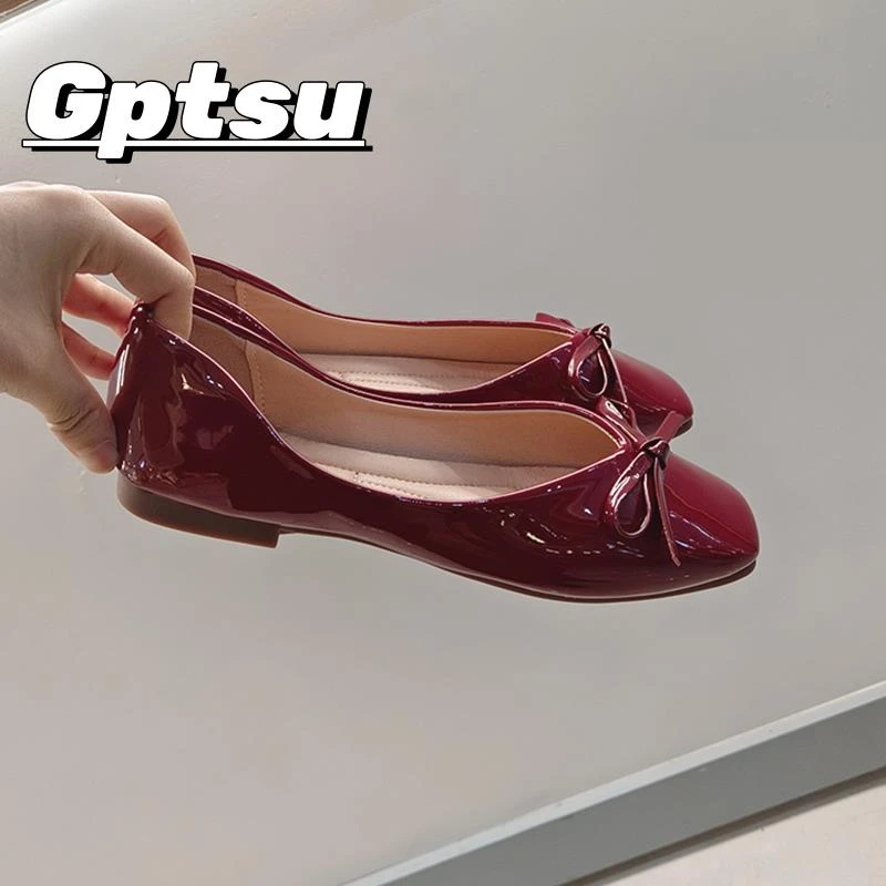 GPTSu仙女风小蝴蝶结平底方头单鞋平跟酒红色奶奶鞋百搭上班瓢鞋