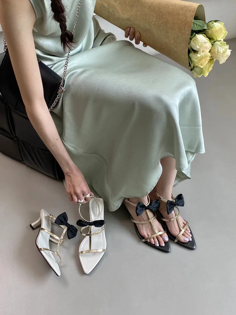 GUIFEI S001-5 立体蝴蝶结千金高跟鞋高级感尖头一字扣带细跟凉鞋