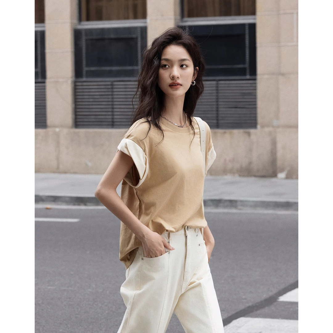 dme德·玛纳复古撞色设计感T恤夏款吸睛花苞袖遮肉短袖T恤女