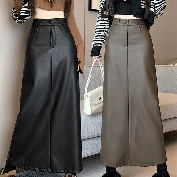 大码胖mm复古pu皮裙半身裙女秋季高腰显瘦中长裙子开叉a字包臀裙