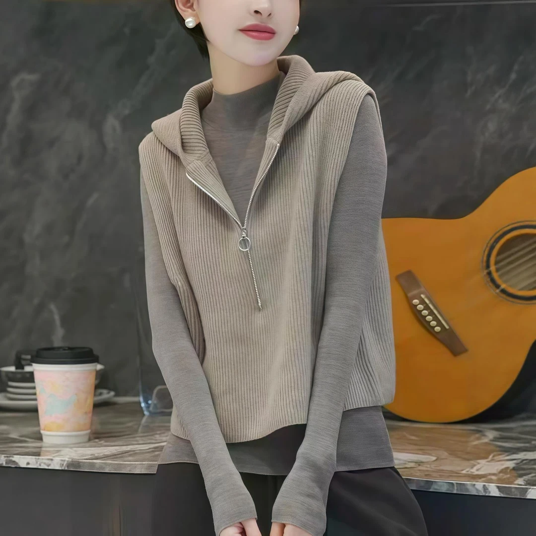 【松弛感】高级感连帽毛衣针织背心马甲女2025新款爆款秋冬短款上衣