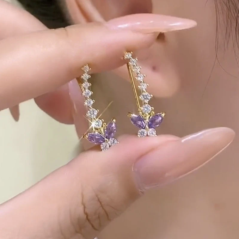 气质超仙紫色镶钻蝴蝶耳排小众精致设计感耳钉