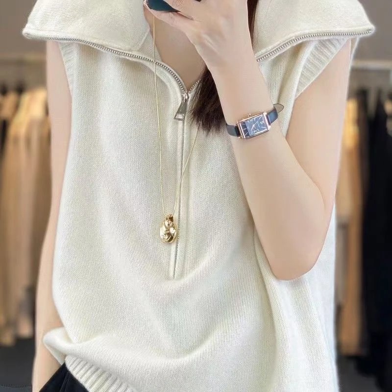 2025早秋新款无缝翻领拉链款100绵羊毛针织女士背心-6602