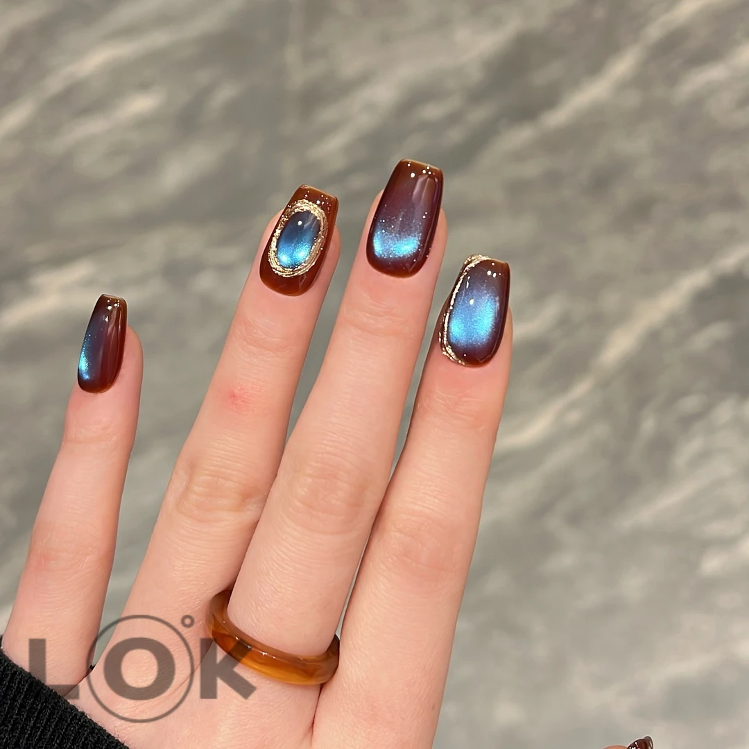 洛克奈儿『荧光海』棕蓝猫眼魔镜粉 纯手工穿戴甲高级显白ins穿戴式