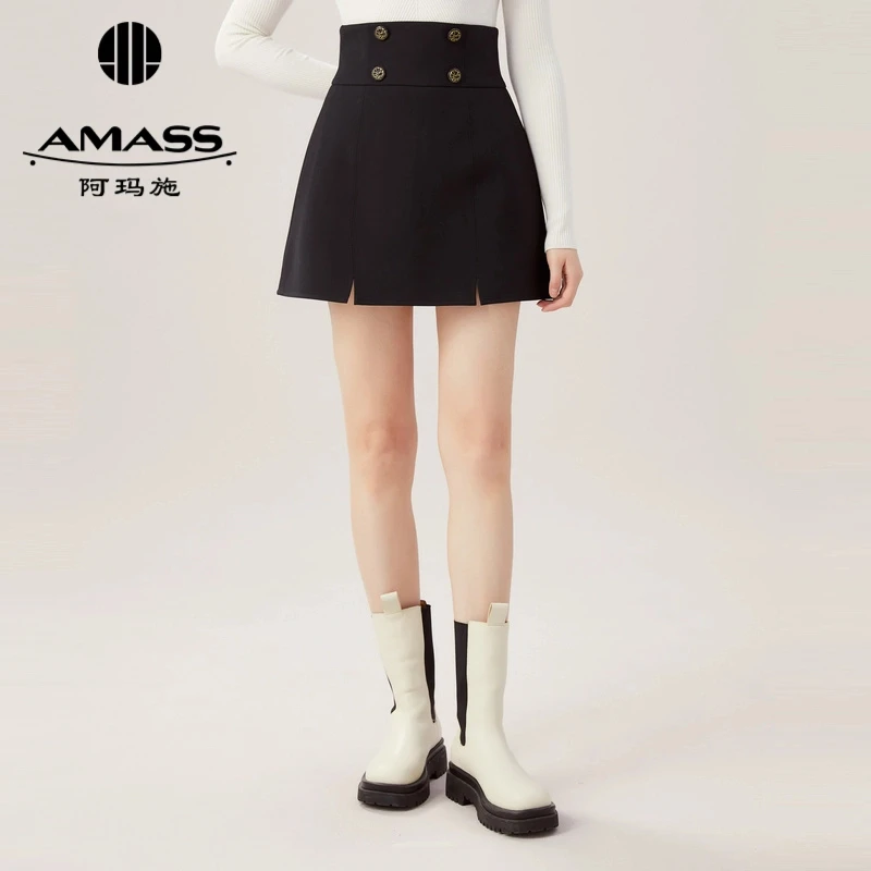阿玛施AMASS百搭气质显瘦高腰双排扣纯色开叉短裙女黑色5200373