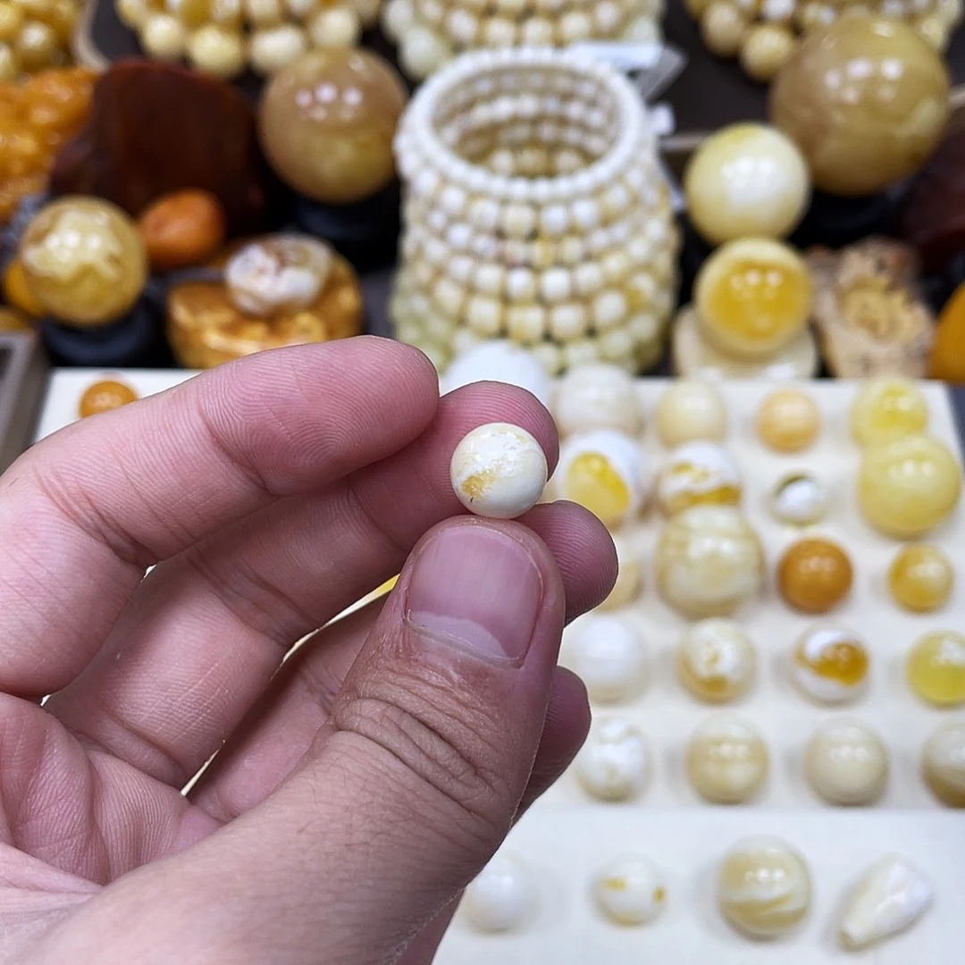蜜蜡未镶嵌珠宝奇石10.1mm【橘紅妖花石膏瓷白】瑕疵圆珠