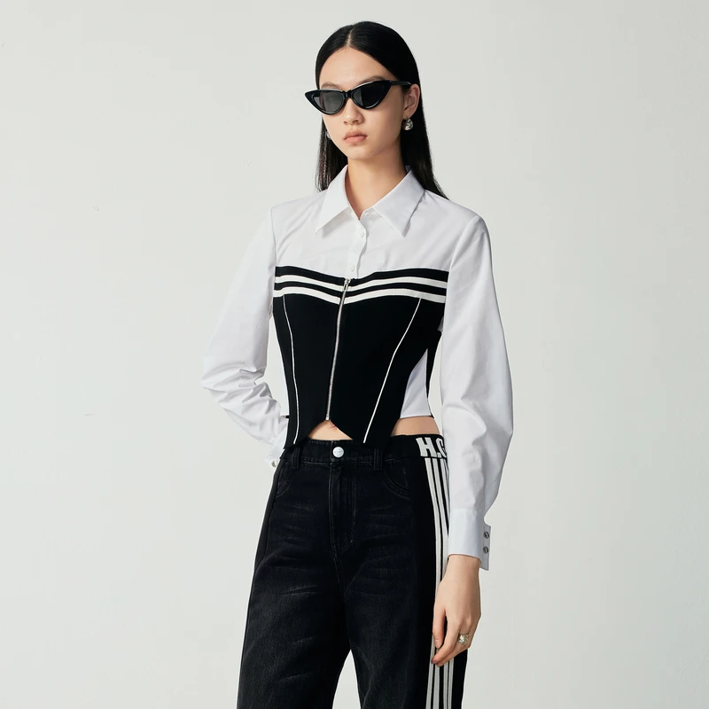 H·GENTEEL荷高23新秋女翻领撞色高级束腰拼接短上衣GUD32610660