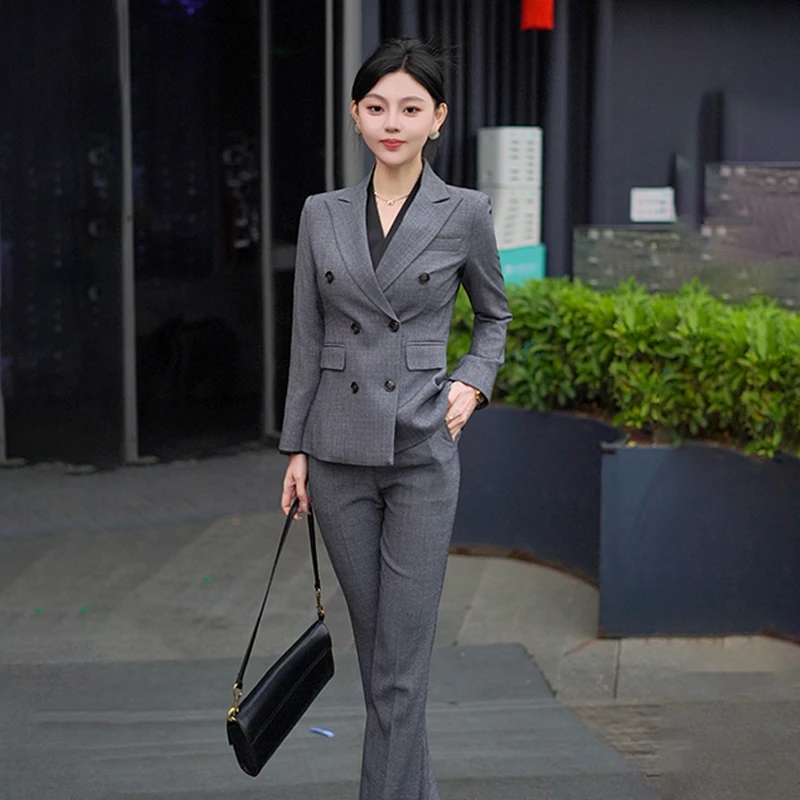 条纹职业西装套装女面试正装春秋商务双排扣气质西服工作服修身