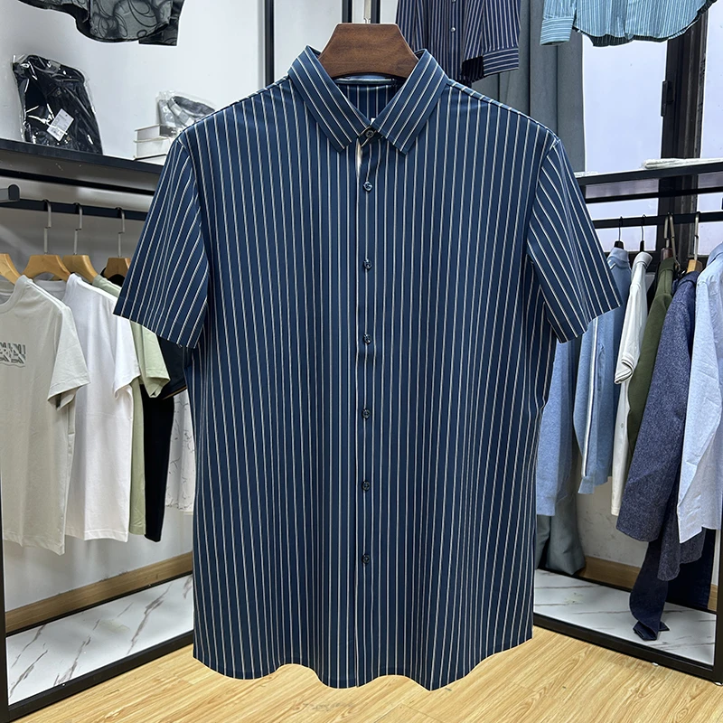 垂感丝滑弹力速干料商务休闲条纹衬衫夏修身短袖衬衣Y5T0070